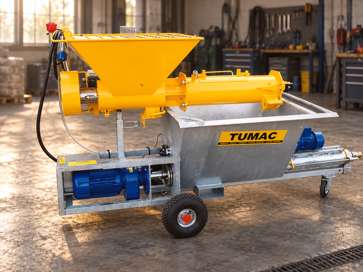 Tumacs MP85 blandarpump i en illustrerad verkstadsmiljö